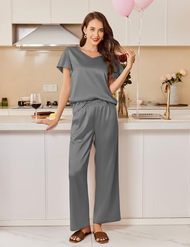 Image of Ekouaer Women's Satin Silky Pajama Set 2 Piece Short Sleeve Shirt with Long Pants Pjs Sets Soft PJ Loungewear S-XXL