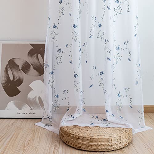 Taisier Home Floral White Sheer Curtains Flower Print Vine Embroidery Bedroom Curtain Rod Pocket Voile Window Curtains For Living Room, 52 X 45 Inches Long, Set Of 2 Panels,Blue Buds With Green Branch #TOP5