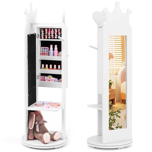 COSTWAY Armario de Joyería para Niñas, Espejo Joyero de Cuerpo Entero de Pie con Base Giratoria y...