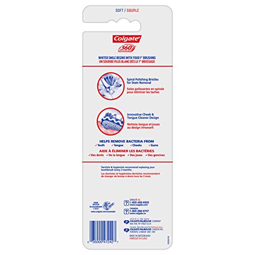 Image of Colgate 360 Advanced Whitening Soft Toothbrush Pack, 4 Adult Soft Toothbrushes with Cheek and Tongue Cleaner, Helps Clean Your Teeth, Tongue, Cheeks, & Gums, 4 - Pack (Pack of 2)