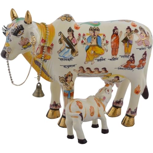 Image of White Kamdhenu Cow with Calf Idol 19cm Marble Finish Handcrafted Polyresin Showpiece Temple Decor Holy Cow Statue Murti for Home Office