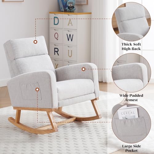 Image of HCHAIRH Rocking Chair Nursery, Nursing Rocking Chairs with Foot Rest for Mom Breastfeeding, Rocker Glider Chair with High Backrest for Living Room, Bedroom, Light Gray