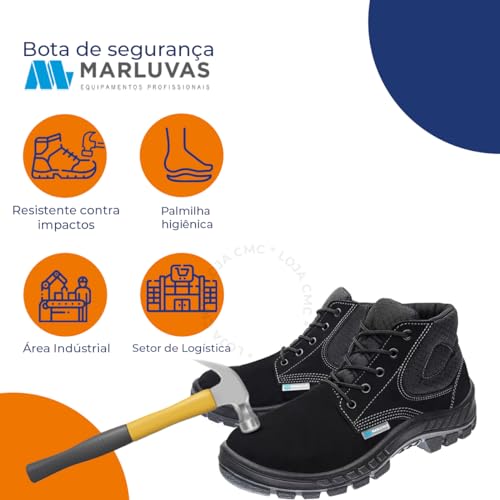 Bota Segurança Epi Marluvas Botina Nobuck Bico Pvc 50b26 Cb (Preto, BR, Adulto, Numérico, 45)