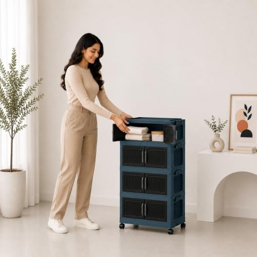 Image of TARKAN DIY Stackable Storage Cabinet with Wheels, 50x22x86 cm, 4-Tier Magnetic Door Organiser, Transparent Panels, Navy Blue