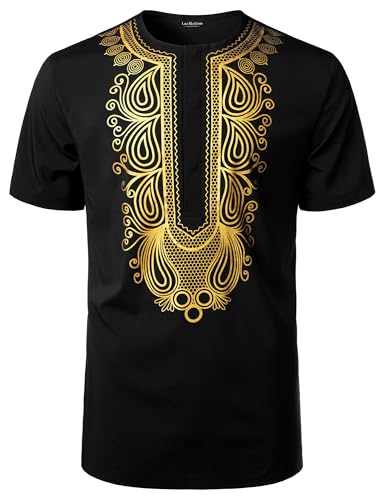 LucMatton Mens African Short-Sleeve Hidden Button Shirt Metallic Foil Stamping Dashiki T-Shirt Black Large