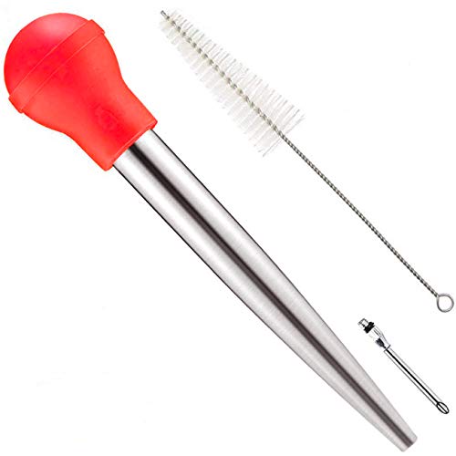 Home Servz - Jeringa de acero inoxidable 18/8, inyector aguja con cepillo de limpieza, bombilla de silicona de grado alimenticio 26 * 6 * 6CM rosso