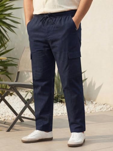 Image of Urbano Plus Men's Straight Fit Linen Cargo Pants with 6 Pockets