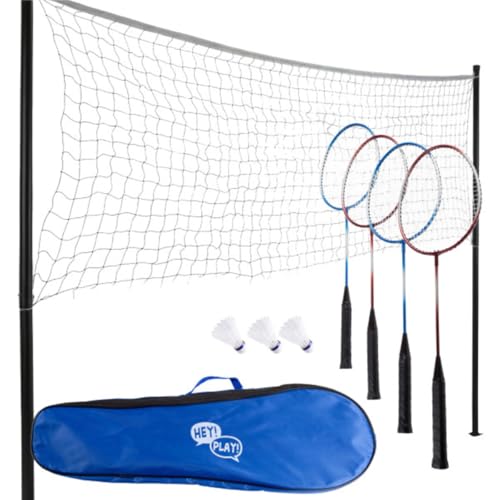 Badminton Set - Backyard Games Include 4 Badminton Rackets 3 Birdies Regulation-Size Net with Pole Stakes and Carry Bag - Outdoor Sports by Hey Play