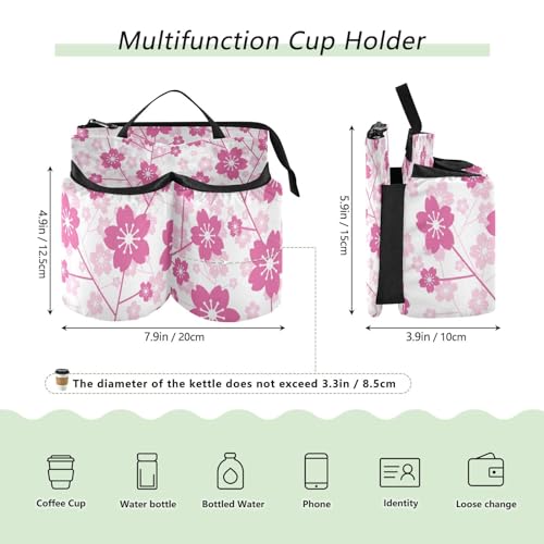 Image of Luggage Cup Holder for Suitcases Free Hands Suitcase Cup Holder Travel Luggage Drink Holder Portable Luggage Cup Caddy Bag Carrier with Handle Cherry Blossom Floral Pink