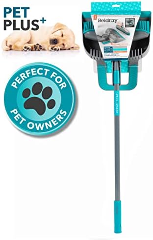 Beldray LA076083EU7 Pet Plus Rubber Dustpan and Broom Set, Long Handle Swivel Head Sweeping Broom for Carpets, Rugs & Hard Floors, Scratch Resistant Bristles, Compact Storage, Grey/Turquoise
