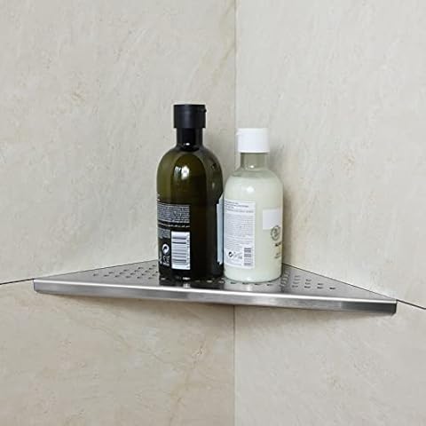 Bernkot Corner Shower Shelf 304 Stainless Steel No Drilling for Bathroom Shampoo Holder Organiser Square Hole 253 x 253 x 355 mm, Brushed Cover