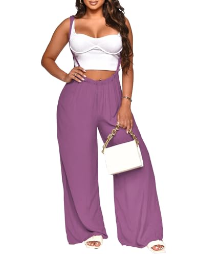 Nimsruc Womens Jumpsuit Adjustable Strap Wide Leg Overalls Taro Purple L