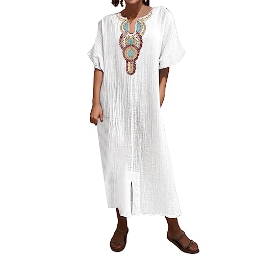 DeaAmyGline Leinenkleid Damen Sommer Lang Sommerkleid Leicht und Luftig Strandkleid Afrikanische Kleider Kurzarm Baumwolle Leinen Kleid Boho Kaftan...