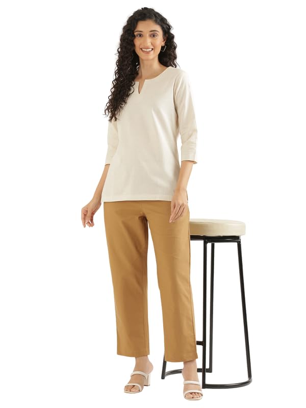 Image of SAADAA Airy Linen Split Neck Short Kurta for Women | Casual & Office Wear | 3 /4 Sleeves, Comfortable Fit | Elegant Top | Lightweight & Breathable Fabric |