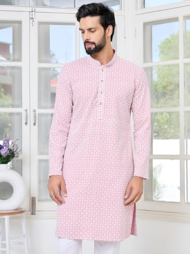 Image of See Designs Men's Full Sleeve Mandarin Collar Embroidered Thread Work Sequinned Rayon Straight Long Kurta - Festive Collection