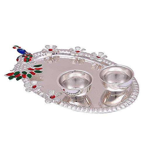 Image of German Silver Choran Roli, Chawal-Akshat-haldi-Sindoor-Kumkum Plate for Gift | Pooja