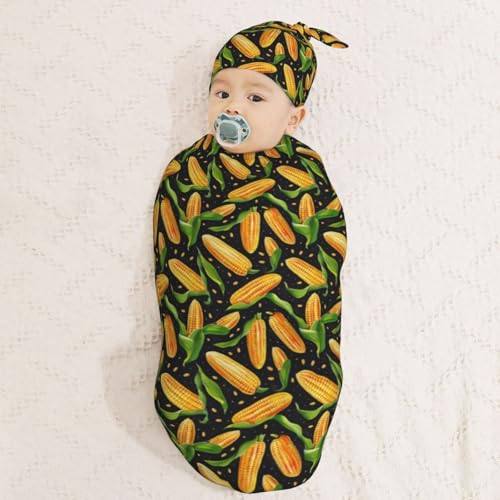 Image of Painting Corn Newborn Swaddle Blankets Hat Sets Soft Baby Receiving Blanket Swaddle Sack for Baby Shower Infant Boy Girl Gift