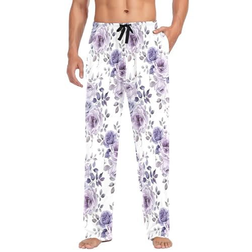 Purple Camellia Men's Pajamas Pants Cotton Sleep Bottoms Pants Lounge Sleepwear - S