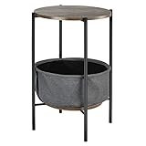 Giantex Round Side Table with Fabric Basket, Sofa Table with Metal Frame & Wood Top, Mufti-Functional Small Side Table for Living Room, Dorm,Bedroom, Grey