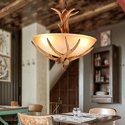 Fine Maker Retro Antler Chandelier, Vintage Style Faux Resin Antler Wood Pendant Lighting, Countryside Farmhouse Deer Horn Ceiling Light Fixture For Kitchen Island Bar Cafe 3-Light #TOP1