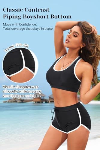 Image of Women Two Piece Sporty Bikini Set Athletic Swimsuits with Boy Shorts Bottom | Racerback, Crop top, Drawstring, Bathing suits, Mid Rise, Padded bra, Full lining, Scoop neck, Full coverage