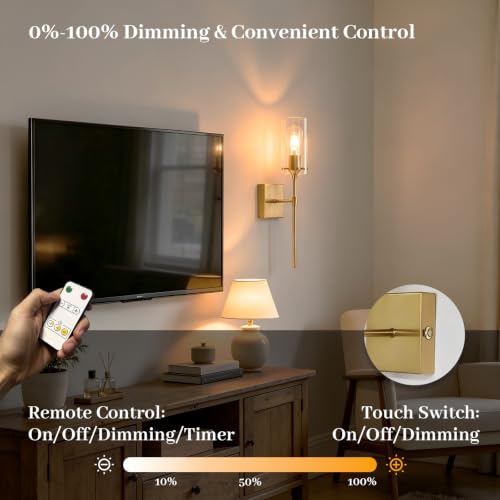 Image of Battery Operated Wall Sconce Set of 2,Gold Rechargeable Wall Lights