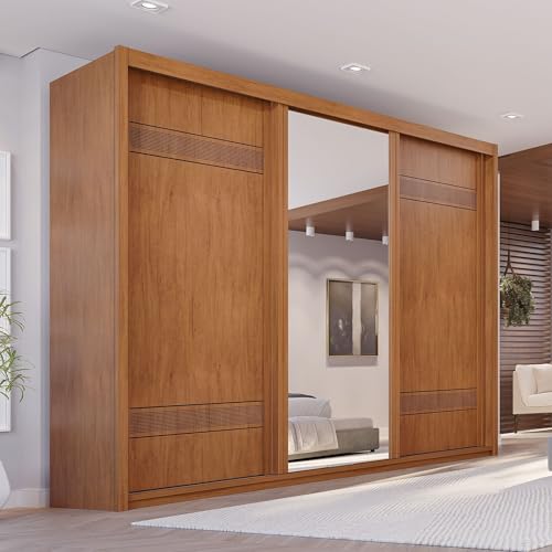 Guarda Roupa Casal 3 Portas de Correr 6 Gavetas Palissy Frisado com Espelho 100% Mdf Rubi