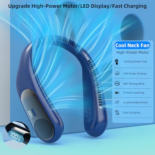 Image of Portable Neck Fan, Personal Wearable Bladeless Fan for Outdoor Indoor, LED Display, 360 Cooling, 4-Speeds, 6000mAh USB Rechargeable, Birthday Gifts for Men Women Dad Mom (Blue)