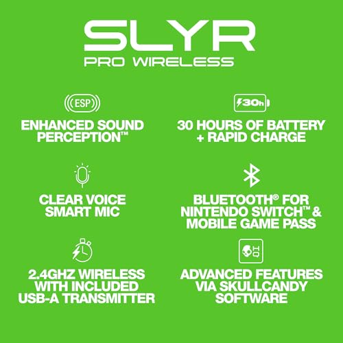 Skullcandy SLYR Pro Wireless Multi-Platform Over-Ear Gaming Headset with Ultra Low Latency USB-A Transmitter, Compatible with Xbox, PC, Nintendo Switch or Playstation - Black/Green 4 Skullcandy SLYR Pro Wireless Multi-Platform Over-Ear Gaming Headset with Ultra Low Latency USB-A Transmitter, Compatible with Xbox, PC, Nintendo Switch or Playstation - Black/Green - Image 2