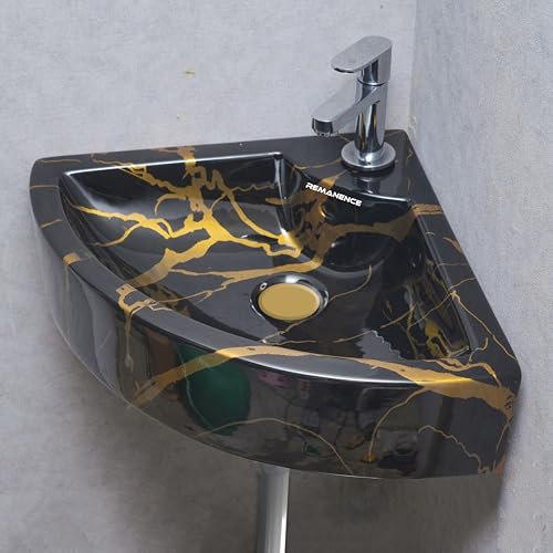 Image of REMANENCE Ceramic Wall Hung Corner Wash Basin for Bathroom | Wall Mounted Corner Sink (20.4 x 15 x 6 Inch) (Black Gold Jelly)