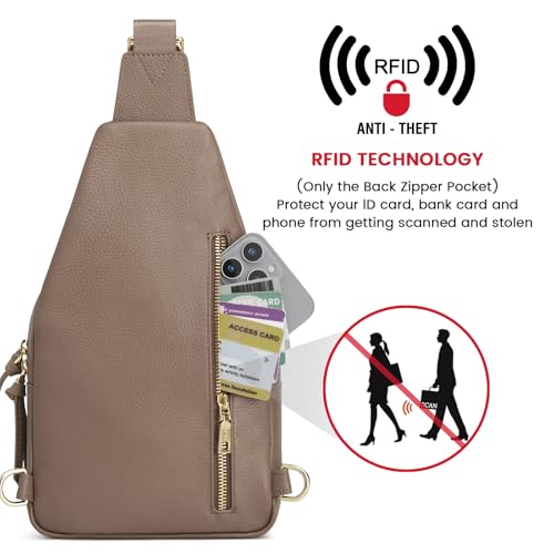 Image of Kattee Small Leather Sling Bag for Women with RFID Blocking,Khaki | Top grain pebbled leather with RFID blocking, multiple pockets, and a convertible strap for travel.