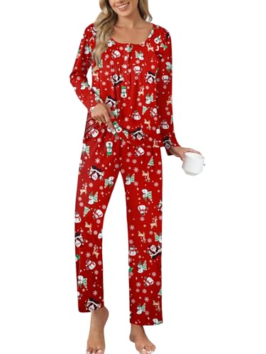 Ekouaer Womens Christmas Pajamas Winter Pjs Family Matching Set 2 Piece Sleepwear Long Top & Pants Soft Loungewear Set,Christmas Red,Small