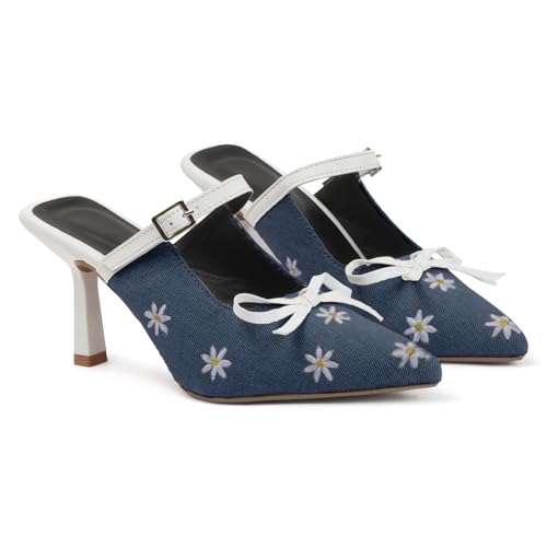 Image of TRYME Denim Embroidered Mules Style Bow Pointed Toe Slip-on Stilettos Heel Sandals for Womens and Girls