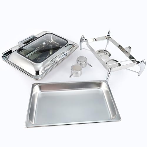 Servidor De Buffet De Acero Inoxidable 10L - Juego De Platos Rectangulares con Tapa De Vidrio, Bandeja De Agua Y Soporte De Combustible para Bodas, Banquetes, Fiestas
