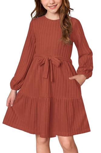 Robe d'automne côtelée à ourlet volanté et ceinture pour filles