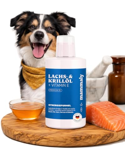 mammaly Lachsöl (95 9%) & Krillöl (4%) für Hunde 250ml - Premium Wildlachsöl - Omega 3 Vitamin E & Astaxanthin - Kaltgepresst - Glänzendes Fell & gesunde Haut - Fischöl Barf geeignet