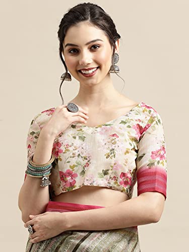 Image of AKHILAM Women's Linen Leheriya Printed Saree with Unstitched Blouse Piece (Multicolored SUSHM8 Parent)