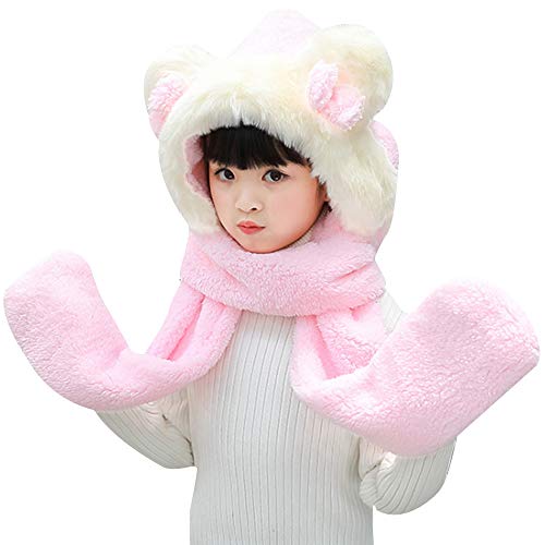 Girls Cute Bowknot Hooded Scarf Versatile 3-in-1 Winter Warm Hat with Scarf Pocket Gloves