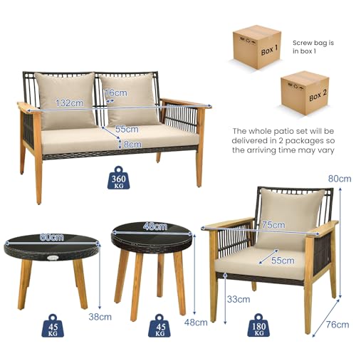 LIFEZEAL Juego de Muebles de ratán PE de jardín, sofá Exterior de 2 plazas con 2 sillones, 2 mesas de Centro, Conjunto de Muebles de conversación para Patio, 3 Cojines y 4 Almohadas - imagen 5