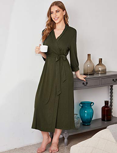 MAXMODA Women Soft Robes Cooton Bathrobe with Side Pockets(Olive Green,S) - Thumbnail 3