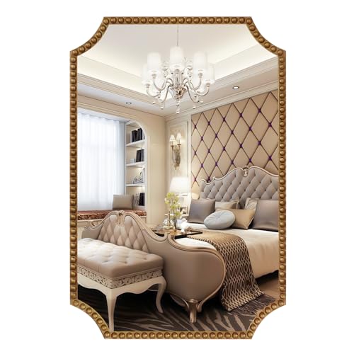 Beaded Frame Wall Mirror for Bathroom, 24'x36' Scalloped Corner Antique Gold Rectangle Decorative Mirror for Living Room(Horizontal or Vertical)