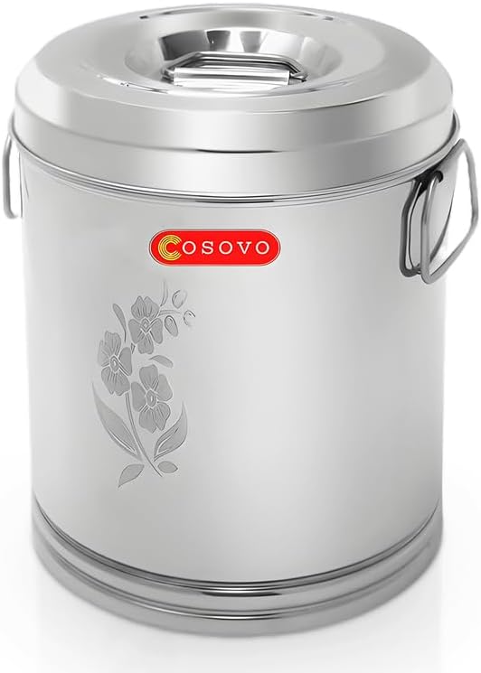 COSOVO Stainless Steel Storage Container | Kothi With Handle | Rice, Flour, Atta Drum | 10-25 Kg Capacity | Kitchen Box Dabba, Silver