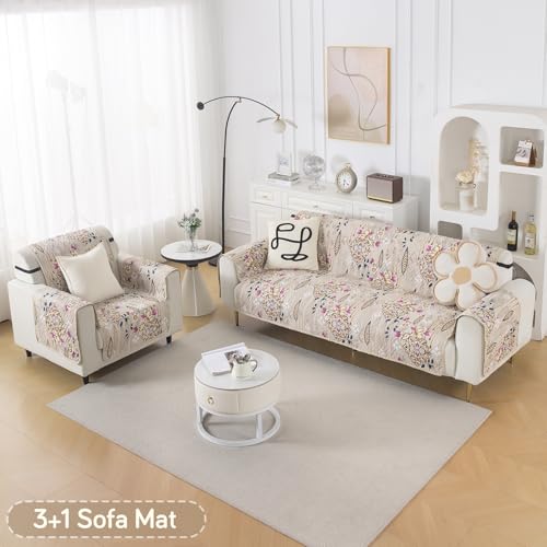 Image of HOKIPO AB Dual Design Quilted Sofa Cover 4 Seater, 3+1 Sofa Cover Set, Easy Drape Series, Garden Classic (IN-1101 + IN-1099-ED9)