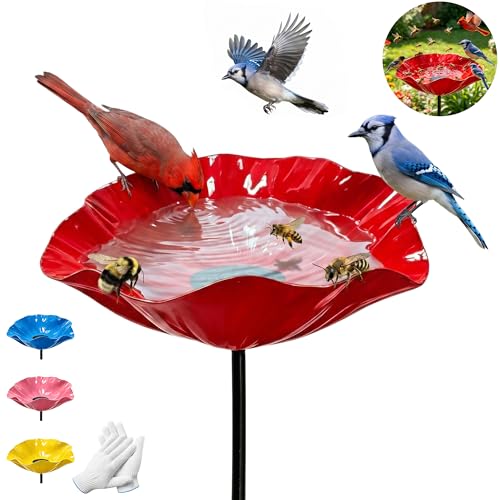LISINUO Bee Watering Station for Outdoors, Flower-Shaped Metal Garden Stake with Shallow Pollinator-Friendly Design for Butterflies, Bird Bath, Garden Decor for Flower Beds & Patio (Red)