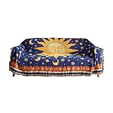 HOORDRY Boho Doppelseitig Fransen Tagesdecke 180 x 230CM, Dekorative Baumwolle Decke mit Sonne & Mond Muster, Hohe Qualität, Geeignet als Sofaüberwurf, Tagesdecke oder Teppich,Gelb/Blau