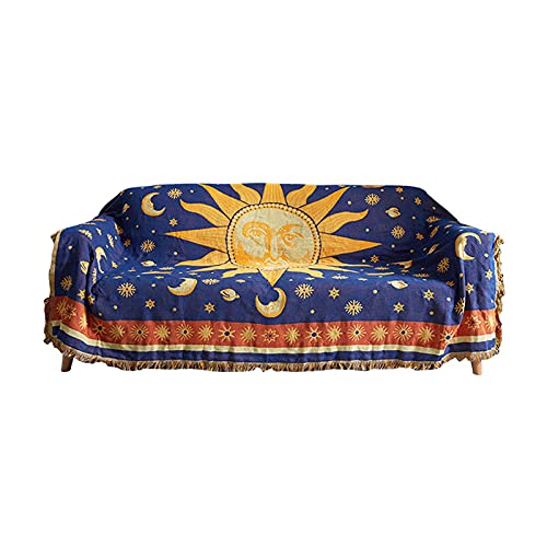 HOORDRY Boho Doppelseitig Fransen Tagesdecke 180 x 230CM, Dekorative Baumwolle Decke mit Sonne & Mond Muster, Hohe Qualität, Geeignet als Sofaüberwurf, Tagesdecke oder Teppich,Gelb/Blau