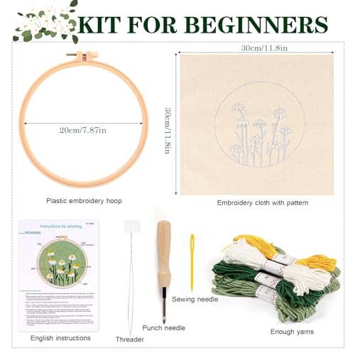 Image of KESTAR Punch Needle Embroidery Starter Kits, Daisy Flower Punch Needle Kits for Adults Beginner, Needle Punch Kit Tool with Instruction Threader Fabric Yarns and Hoop