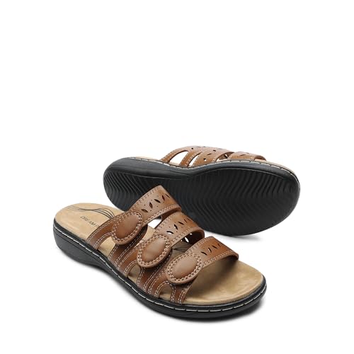 DREAM PAIRS DREAM PAIRS Women's Slide Sandals Comfortable Arch Support Casual Walking Sandals Adjustable Straps Slip On Low Wedge Flat Sandals,Size 11,Brown,DWUMSS2510