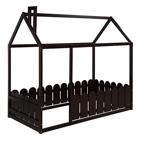 House Bed Frame, Durab Full Size Wood Bed House Bed Frame With Fence Wood Bed Frame Cabin Bed Floor Bed Nursery Furniture For Teens Girls Boys Tent Bed, Espresso (78.7”L X 42.5”W X 70.8”H) #TOP4
