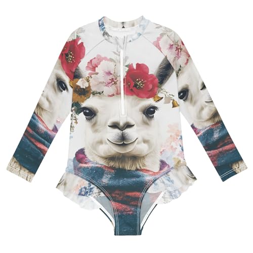 Llama Animal Girls Long Sleeve Swimsuit Rash Guard One Piece Bathing Suits Zipper 3-12T
